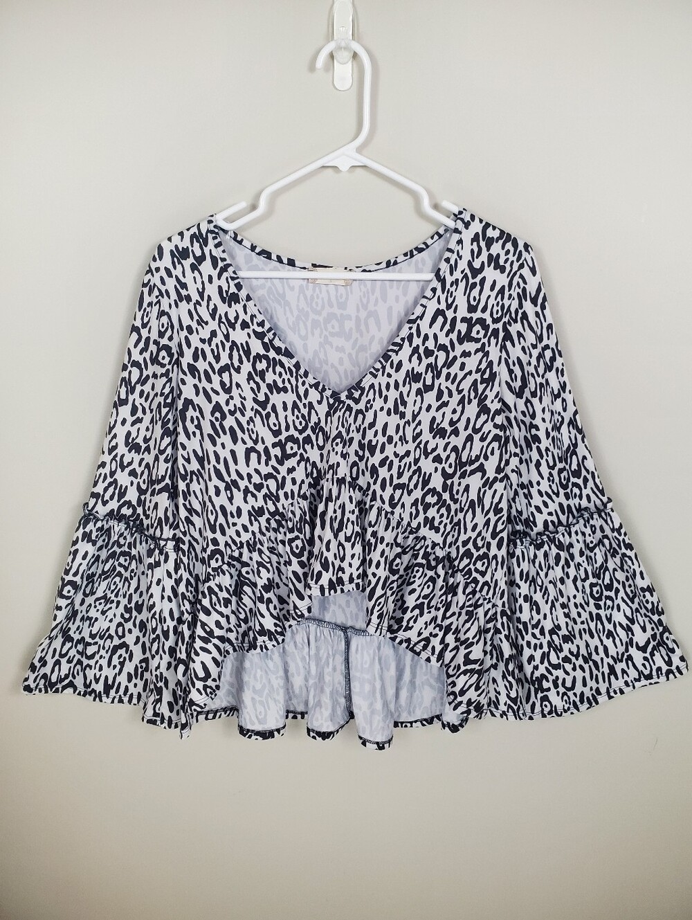 Altar'd State Size S Black White Leopard Print Bell Sleeve High Low Blouse Top